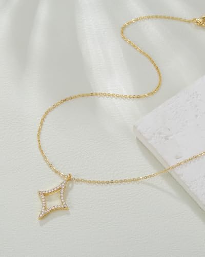 Gold Necklace for Women, 14K Gold Plated Cubic Zirconia Pendant Necklace, Dainty Heart Moon Circle Paperclip Jewelry for Layering, Everyday Birthday Gift - color: Gold Hollow Star