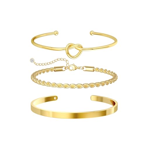 14K Gold Plated Stackable Bangle Bracelets for Women | Dainty Cuff Bracelets, Stackable for Women, Waterproof Bracelet Stack, Gold Jewelry Gifts Trendy Adjustable Accessories - color: 3-layer-E-Gold