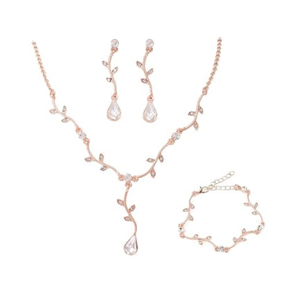 Hapibuy Crystal Bridal Wedding Jewelry Necklace Earrings Bracelet Set Rhinestone Choker Necklace For Brides Bridesmaid Women Party Acessory - color: Rose Gold