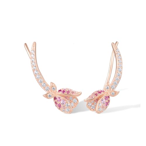 Santuzza 925 Sterling Silver Pink Tulip Cuff Pierce Earrings for Women - color: Gemstone Tulip-Pink