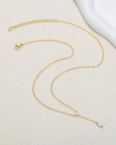 Gold Necklace for Women Dainty 14K Gold Plated Lariat Necklace | Teardrop CZ Y Shaped Drop Necklaces Prom Necklace Long Necklace Simple Gold Jewelry For Women Gift - color: B GOLD