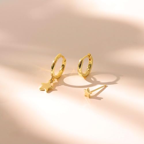 3 Pairs Earring Stacks, Gold Earring Set Jewelry Gift for Women | Small, 14K Gold/White Gold/Black/Rose Gold Plated, Hypoallergenic, Her, Everday, Stackable, Simple, 3 Holes - color: Gold-Star