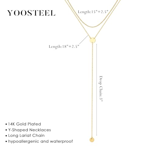 Yoosteel Long 14K-Gold-Plated Necklace for Women,Layered Lariat Necklaces | Dainty Y Drop Necklaces, Western Necklace Stack,Simple Bar Heart Circle Pendant,Prom Choker Chain Jewelry,Trendy Gifts - color: Layered Disc Y-Shaped Necklace