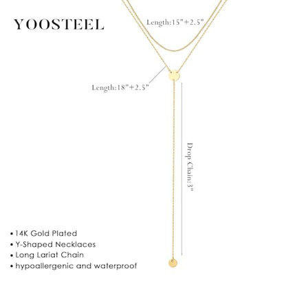 Yoosteel Long 14K-Gold-Plated Necklace for Women,Layered Lariat Necklaces | Dainty Y Drop Necklaces, Western Necklace Stack,Simple Bar Heart Circle Pendant,Prom Choker Chain Jewelry,Trendy Gifts - color: Layered Disc Y-Shaped Necklace