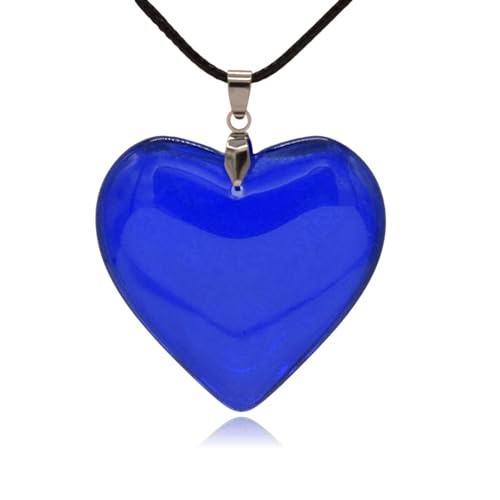 Large Red Semi-Transparent Solid Glass Heart Pendant Necklace - style: Large Blue