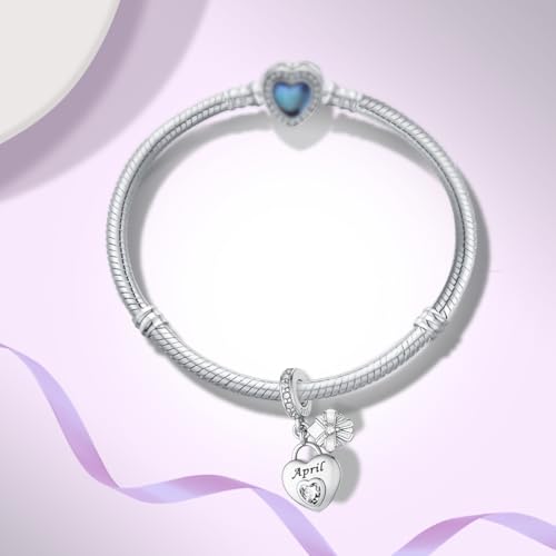 925 Sterling Silver Birthstone Bracelet Charm - Unique Heart Shaped Design, Fits most Europe Pandora Bracelets and Necklaces, women's DIY holiday Gifts - style: D-April
