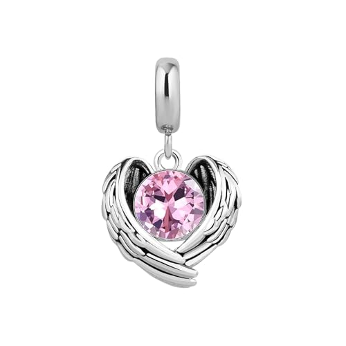 KunBead Guardian Angel Heart Wings Birthstone Dangle Birthday Charms Compatible with Pandora Charm Bracelet for Women - color: Pink