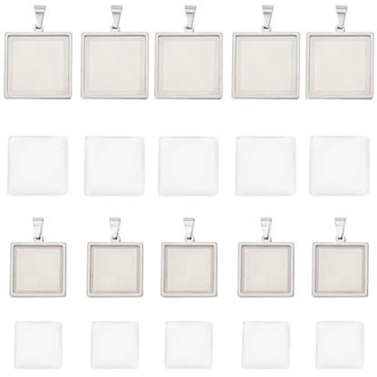 SUNNYCLUE 1 Box 20Pcs Pendant Tray Set Blank Bezel Pendant Trays Stainless Steel Charm Blanks Cabochon Settings Cabochon Bezels for Jewelry Making DIY Findings Supplies - color: Stainless Steel