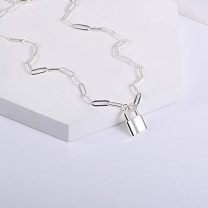 Lock Necklace for Women Paperclip Link Chain Padlock Necklace Non-Tarnish - color: Silver - 1 PC Paperclip Chain Lock Necklace