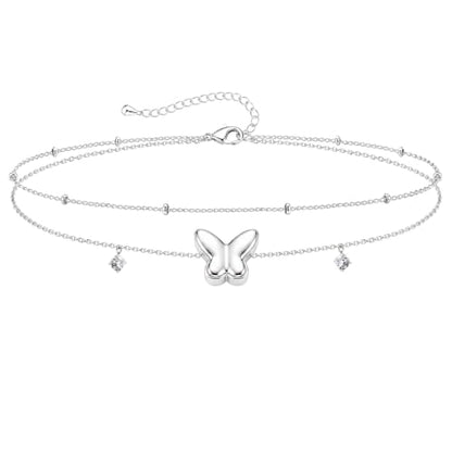 Gold/Sterling Silver Anklet Bracelets for Women Waterproof, Non Tarnish 925 Sterling Sliver Plated Heart Evileye Butterfly Charm, Dainty Summer Beach Anklets for Women, Beach Vacation Bikini Outfits for Her Mom - style: Butterfly-Silver
