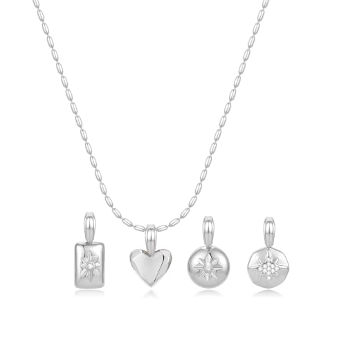 Interchangeable Removable CZ Charms Necklace, Gold Silver Stainless Steel Adjustable Box and Rice Bead Chain Minimalist Custom DIY Pendant Jewelry Gifts - color: Silver-B