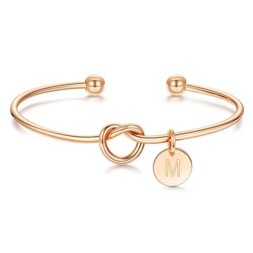 M MOOHAM Gold Initial Bracelets Gifts for Women Teen Girls - Dainty Tie the Knot Letter A-Z Initial Bracelet for Women 14K Gold Plated Cuff Bracelet Jewelry Personalized Bridesmaid Proposal Gifts - style: M - Rose Gold Plated