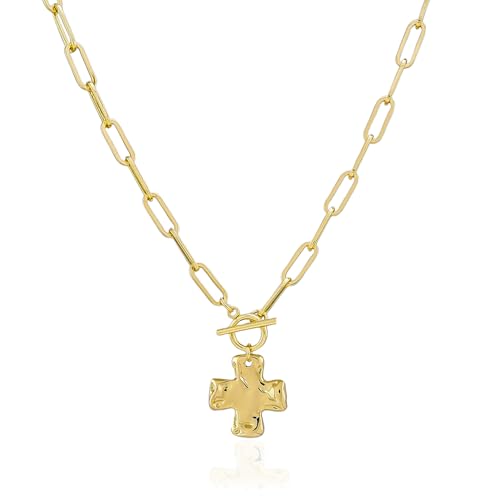 Chunky Cross Necklace for Women Trendy 14K Gold Silver Plated Statement Big Cross Pendant Paperclip Chain Charm Necklaces Religious Faith Easter Basket Stuffers Baptism Costume Jewelry Gift - color: Gold-Toggle-1 inch pendant