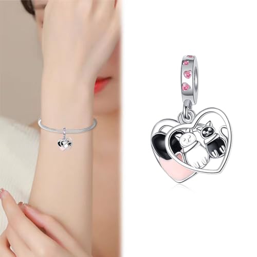 Charm for Bracelets and Necklaces Heart Cat Flower Boy 925 Sterling Silver Bead Birthday Jewelry Gift for Women - color: Cats Heart Charms