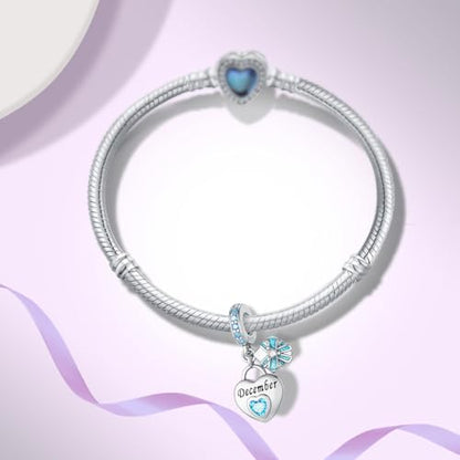 925 Sterling Silver Birthstone Bracelet Charm - Unique Heart Shaped Design, Fits most Europe Pandora Bracelets and Necklaces, women's DIY holiday Gifts - style: L-December