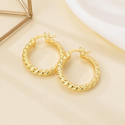 14K Gold Hoop Earrings for Women Thick Large Earrings Lightweight | Gold Plated Huggie Earrings for Women Hypoallergenic (with Gift Box) - color: Twisted-25MM