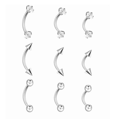 9PCS Gold Eyebrow Piercing Jewelry Titanium, Rook Jewelry Gold Surgical Steel Silver Eyebrow Rings for Women Men CZ Tiny Labret Lip Daith Navel Belly Button Helix Tragus Piercing Jewelry 16G 6mm/8mm/10mm - style: Silver