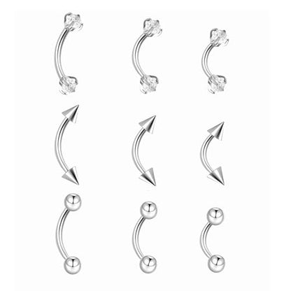 9PCS Gold Eyebrow Piercing Jewelry Titanium, Rook Jewelry Gold Surgical Steel Silver Eyebrow Rings for Women Men CZ Tiny Labret Lip Daith Navel Belly Button Helix Tragus Piercing Jewelry 16G 6mm/8mm/10mm - style: Silver
