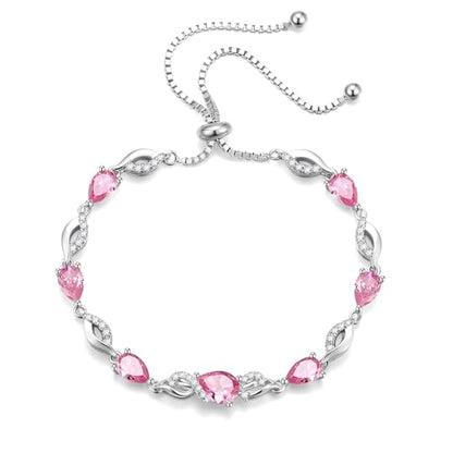 FANCIME Birthstone Teardrop Tennis Bracelet for Women, Sterling Silver 9x7mm main Gemstone Bolo Adjustable Chain Bracelet Fine Jewelry Birthday Gifts for Women Mom Wife Her - color: 10-Pink Tourmaline
