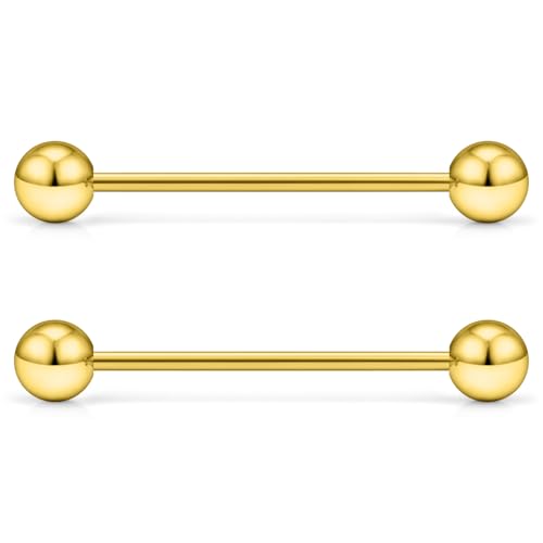 16G 14G Surgical Steel Tongue Rings Nipple Rings Industrial Piercing Jewelry Set Multi Size Straight Barbells 12mm 14mm 16mm 19mm 22mm 28mm 32mm 35mm 38mm 40mm 45mm for Women Men - color: goldtone, size: 16g,bar length 22mm