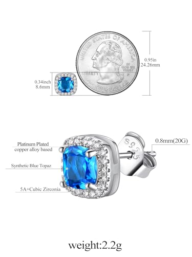 FindChic Birthstone Earrings for Women, Round/Heart/Square/Teardrop Earrings with 925 Sterling Silver Posts & Push Backs, Hypoallergenic Studs with Cubic Zirconia, 12 Months Jewelry with Gift Box - style: 12. December-Blue Topaz (Square)