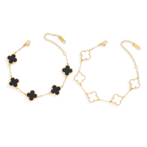 Waterproof Four-Leaf Clover Bracelet,Adjustable Link Double Sided Jewelry, Lovely Fashion Jewelry Gift for Women - color: Black Bracelet + White Bracelet