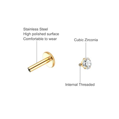 Xpircn Flat Back Stud Earrings 14K Gold Plated Internally Threaded CZ Stud Piercing Jewelry for Tragus Helix Cartilage Conch Nose Hypoallergenic Lip Labret Medusa Piercing 16G 18G - color: 16 Gauge, Gold, size: 6mm Bar