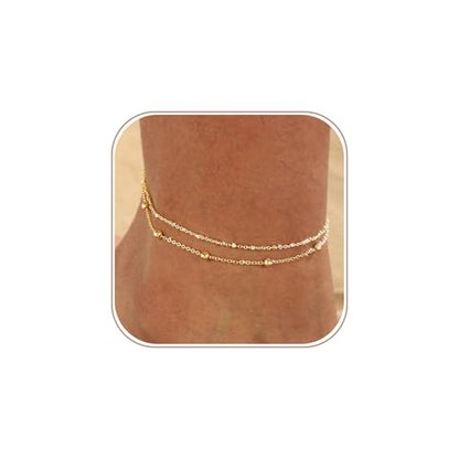 Gold Anklets for Women -14K Gold Plated 2-Strand Layered Ankle Bracelet Waterproof Tarnish Resistant Hypoallergenic Adjustable 8"+2.5" Minimalist Beach Jewelry Gift - style: Stack Anklet 01-GD