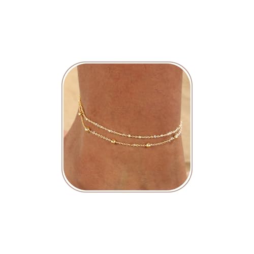 Gold Anklets for Women -14K Gold Plated 2-Strand Layered Ankle Bracelet Waterproof Tarnish Resistant Hypoallergenic Adjustable 8"+2.5" Minimalist Beach Jewelry Gift - style: Stack Anklet 01-GD