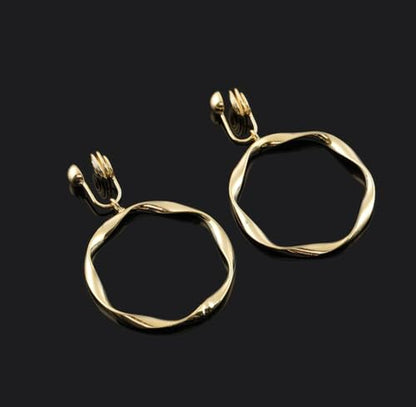 A Season Women Twisted Gold/Silver Round Clip On Hoop Earrings for Non Pierced Ears Hoops Earrings, Small/Medium/Large (Large Round Dangle)