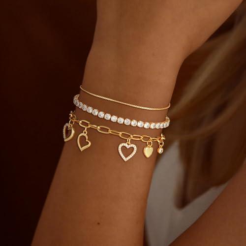 3PCS Charm Gold Bracelets for Women Non Tarnish,14k Plated Gold Bracelet Stack Cute Dainty Stackable Trendy Bow Cross Clover Bracelets Set Tarnish Free Gold Jewelry for Women Gifts - color: Heart-Gold
