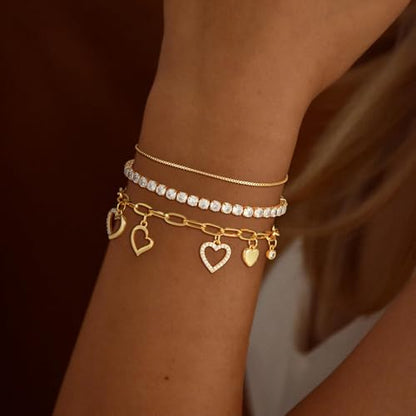 3PCS Charm Gold Bracelets for Women Non Tarnish,14k Plated Gold Bracelet Stack Cute Dainty Stackable Trendy Bow Cross Clover Bracelets Set Tarnish Free Gold Jewelry for Women Gifts - color: Heart-Gold