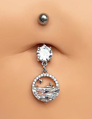 Belly Button Ring Dangle, Cross Belly Button Ring, Navel Piercing | 316L Surgical Steel, AAA+ Cubic Zirconia, Nickel-Free, Hypoallergenic, Multi-Style, 14 Gauge 10 mm Screw On Piercing Stud - style: Moon Star Lake