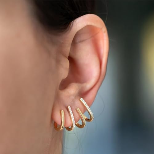 Gold Triple Hoop Illusion Stud Earrings, 14K Chunky Gold Plated Hoop Earrings Cuff Earrings for Women Trendy, Hypoallergenic Earrings Set Jewelry Gift - color: Triple hoop earrings-claw