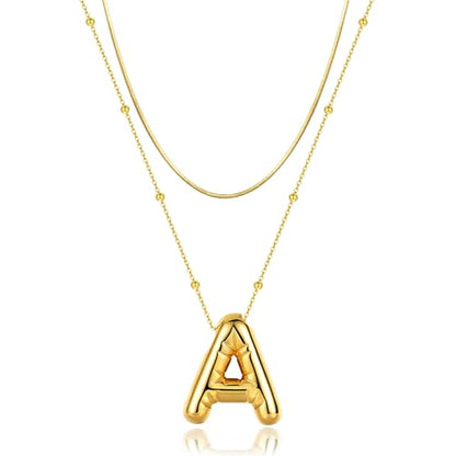 LUCA SMITH 2-Piece Initial Necklaces for Women, Dainty Balloon Bubble A-Z Letter Necklace Set, Name Letter Alphabet Pendant Layered Choker Necklaces Personalized Jewelry Gift - color: Gold bubble letter necklace, style: Initial Set-A