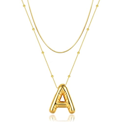 LUCA SMITH 2-Piece Initial Necklaces for Women, Dainty Balloon Bubble A-Z Letter Necklace Set, Name Letter Alphabet Pendant Layered Choker Necklaces Personalized Jewelry Gift - color: Gold bubble letter necklace, style: Initial Set-A