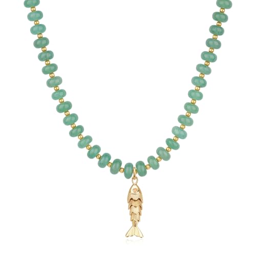 SAMYA Gemstone Beaded Necklace for Women, Natural Stone Ocean Jewelry | Fish or Seashell Pendant Beach Necklace, Gold Spacer Accents, Reinforced Stainless Steel Clasp, Adjustable 16"+2" - color: Green Aventurine