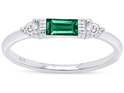 3 Stone Stackable Ring for Women with Birthstone And White Cubic Zircionia | Dainty Minimalist Ring In 14K Gold Over Sterling Silver - color: White Gold : Simulated Emerald