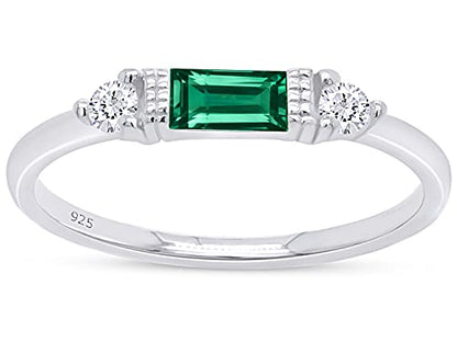 3 Stone Stackable Ring for Women with Birthstone And White Cubic Zircionia | Dainty Minimalist Ring In 14K Gold Over Sterling Silver - color: White Gold : Simulated Emerald