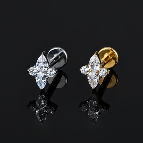 FINE4U 1PC ASTM F136 Titanium 16G Flatback Stud for Tragus, Helix, Conch 6mm 8mm - Screw on Cartilage Earring Piercing Jewelry - color: Four-Pointed Star B - Tit