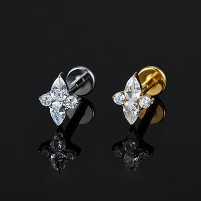 FINE4U 1PC ASTM F136 Titanium 16G Flatback Stud for Tragus, Helix, Conch 6mm 8mm - Screw on Cartilage Earring Piercing Jewelry - color: Four-Pointed Star B - Tit