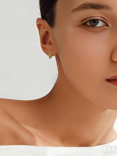 Chunky Emerald Sapphire Ruby Hoop Earrings, Princess or Round Cut, 14k Yellow Gold Plated Sterling Silver Cubic Zirconia Huggie Earings Minimalist Hoops Earrings for Women Wedding Daily Birthday - style: Princess cut -Emerald -Gold