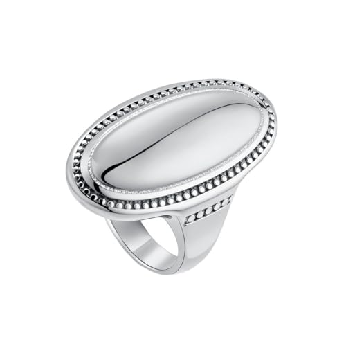 HIJONES Women's Stainless Steel Oval Checker Groove Rugby Ball Groove Dome Signet Ring Wedding Jewellery - color: Silver