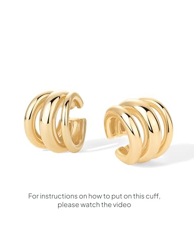 PAVOI 14K Gold Plated 925 Sterling Silver Round Huggie Ear Cuff Earrings for Women | Clip On Cartilage Cuff Earrings - style: Chunky Triple