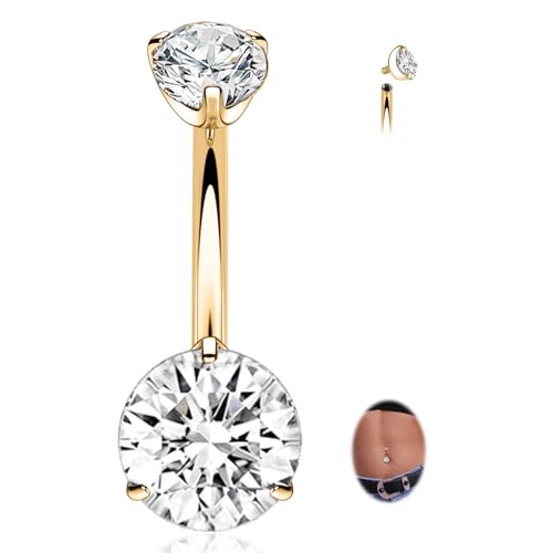 FUNLMO 14G Belly Button Ring Titanium Belly Button Piercing Belly Ring Internally Threaded Navel Piercing Jewelry - color: Gold-Clear CZ