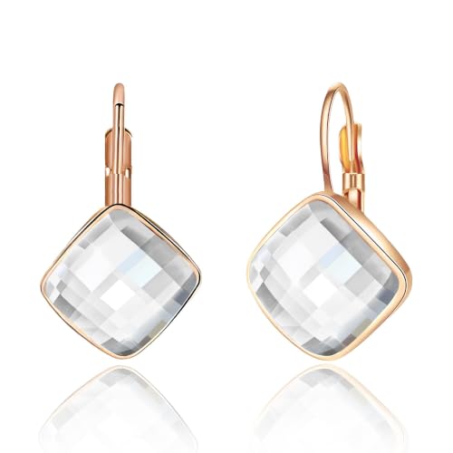 Austrian Crystal Square Leverback Drop Earrings for Women | Classic Square-Cut Crystal,14K Gold-Plated,Leverback for Easy Secure Wear,Gift Box Included,For Day and Evening Events - color: Clear White