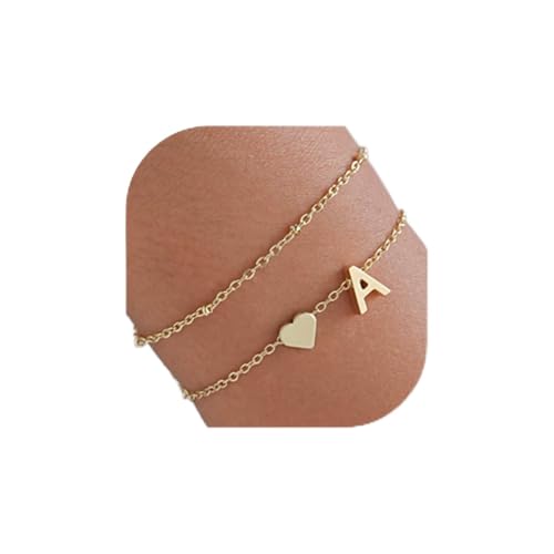 Gold Initial Bracelets for Women Trendy, Dainty Layered 14K Gold Plated Heart Letter Charm Bracelets, letter beads for name bracelets Jewelry Gifts - color: Gold-A
