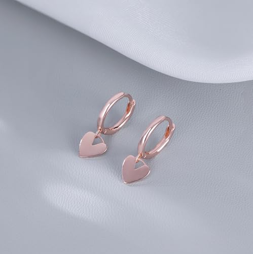 Reffeer Solid 925 Sterling Silver Small Love Heart Drop Earrings Hoop for Women Teen Girls Heart Hoop Earrings Huggie - color: C-Rose