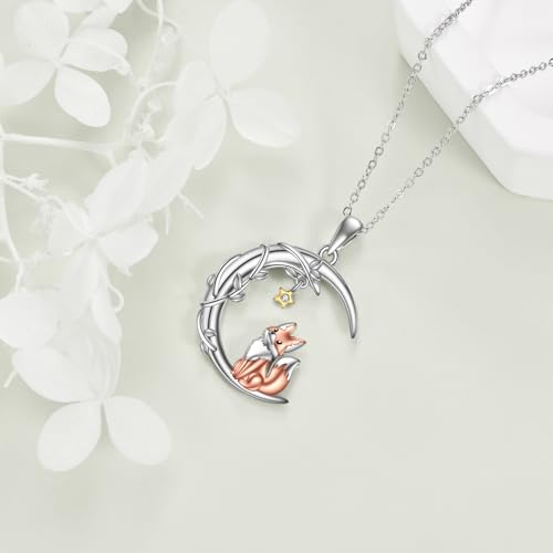 YAFEINI Moon Animal Necklace S925 Sterling Silver Owl/Fox/Red Panda/Possum/Snake/Dachshund Pendant Necklace Animal Jewelry Gifts for Women Mom Wife - style: FOX