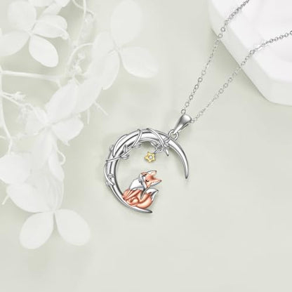 YAFEINI Moon Animal Necklace S925 Sterling Silver Owl/Fox/Red Panda/Possum/Snake/Dachshund Pendant Necklace Animal Jewelry Gifts for Women Mom Wife - style: FOX